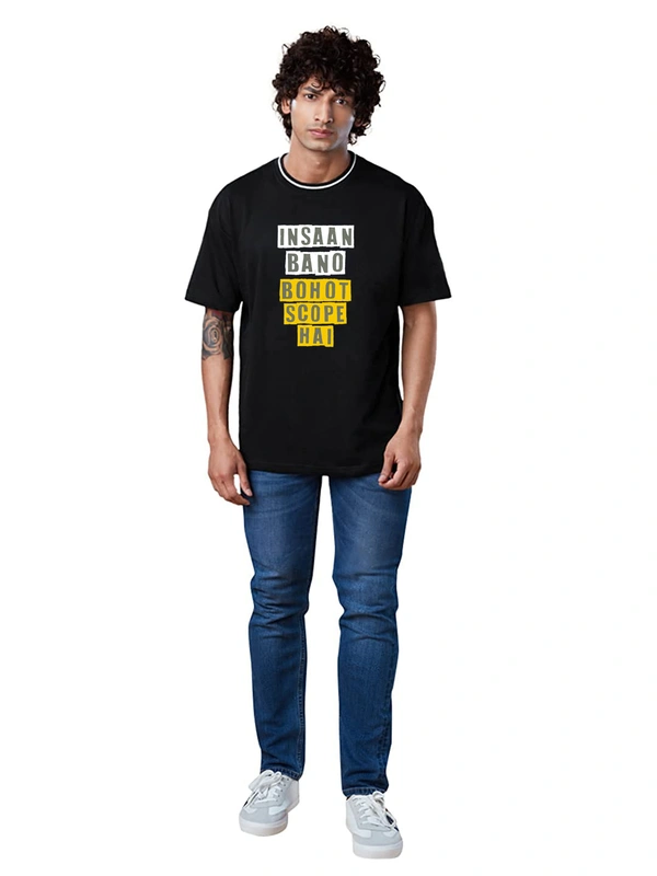 Oversized Drop Shoulder Stylish Slogan Insaan Bano Bahut Scope Hai Printed T-Shirt - S