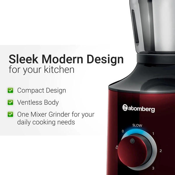 Atomberg MG 1 All-in-One Mixer Grinder with 4 Jars | Chopper Jar Inclusive | 4 Speed Control Powerful BLDC Motor with LED Indicators - Red Wine