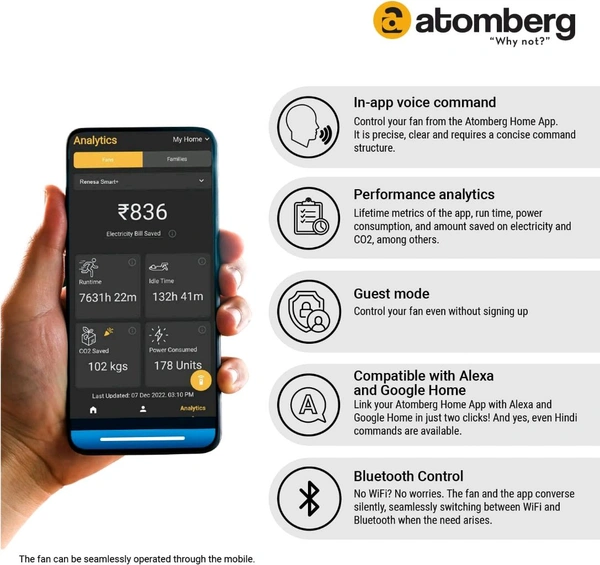 Atomberg atomberg Renesa Smart+ 1200mm BLDC Motor 5 Star Rated Ceiling Fan with IoT and Remote | Smart and Energy Efficient Fan with LED Indicators | Saves Upto 65% Energy | 2+1 Year Warranty (Golden Oakwood - Golden Oakwood, 1200MM