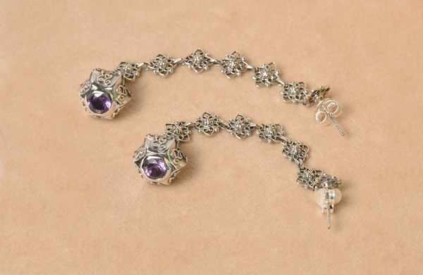 Amethyst jali work 925 silver earrings