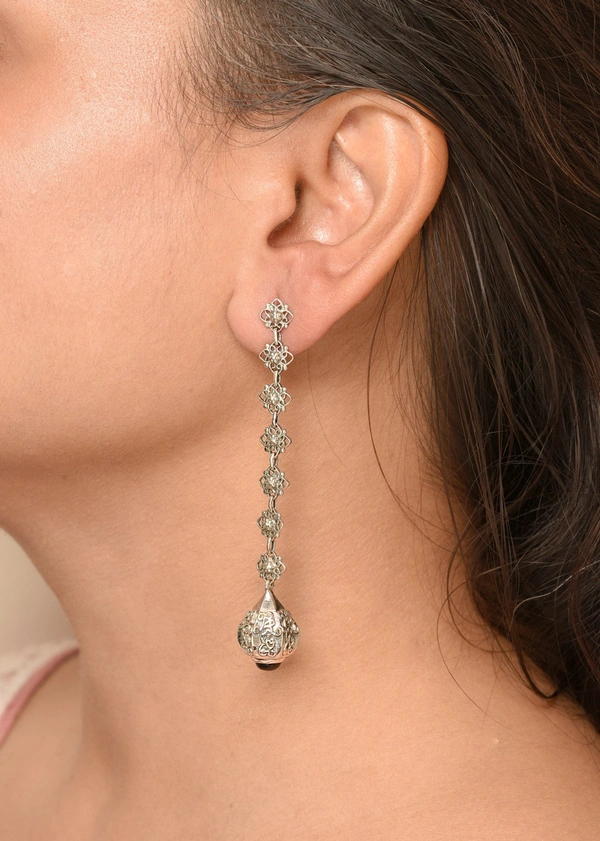 Black onyx jali work 925 silver earrings