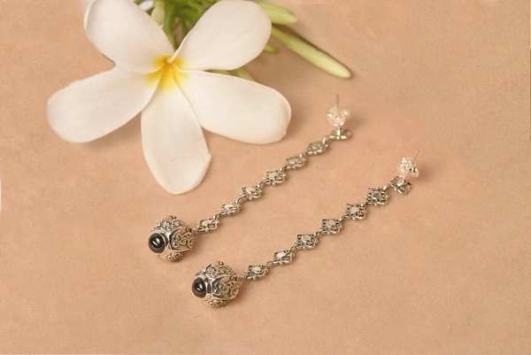 Black onyx jali work 925 silver earrings