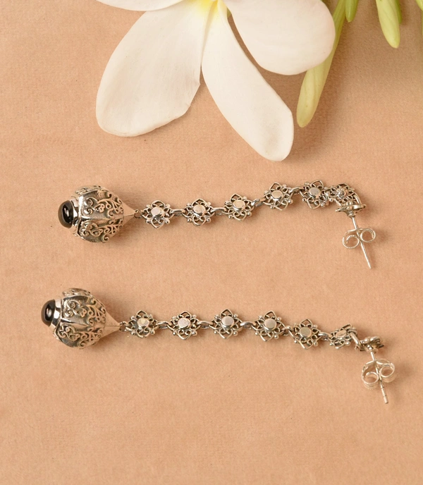 Black onyx jali work 925 silver earrings