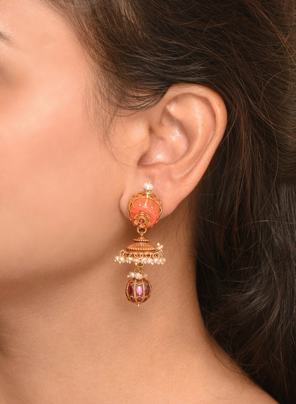 Gold plated 925 silver kundan coral earrings