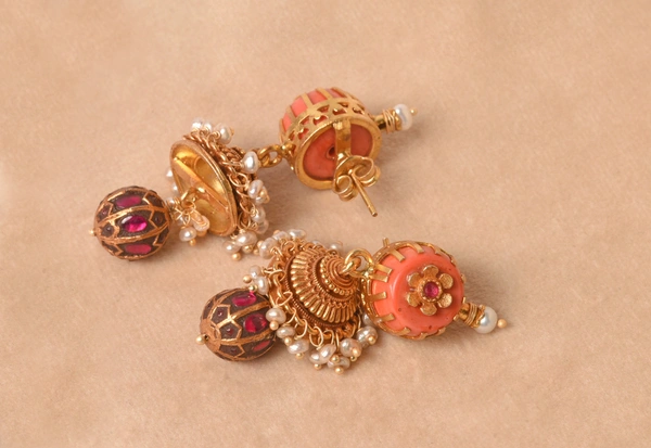 Gold plated 925 silver kundan coral earrings