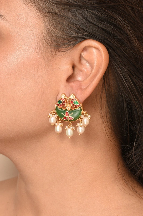 Gold plated 925 silver Navratan Kundan Bird earrings