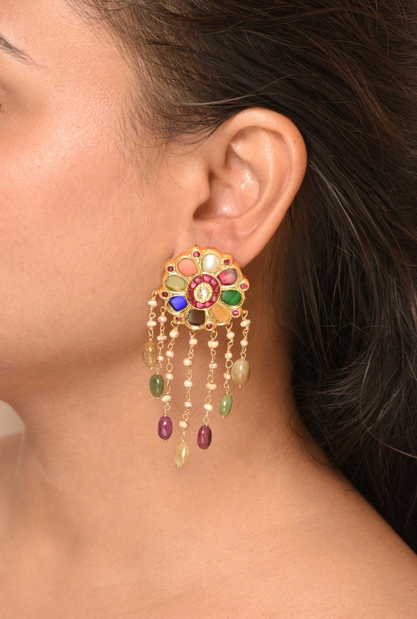 Gold plated 925 silver Navratan Kundan earrings
