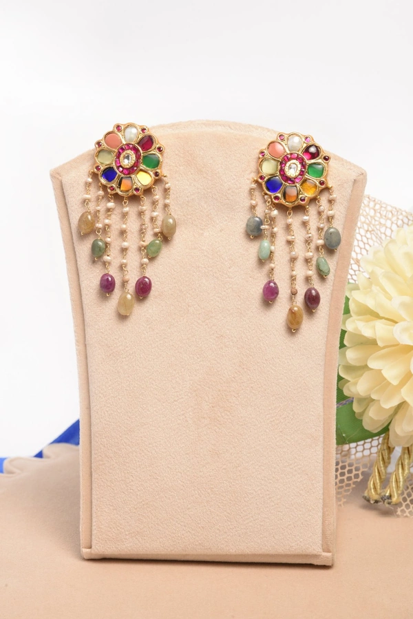 Gold plated 925 silver Navratan Kundan earrings