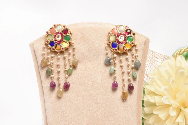 Gold plated 925 silver Navratan Kundan earrings