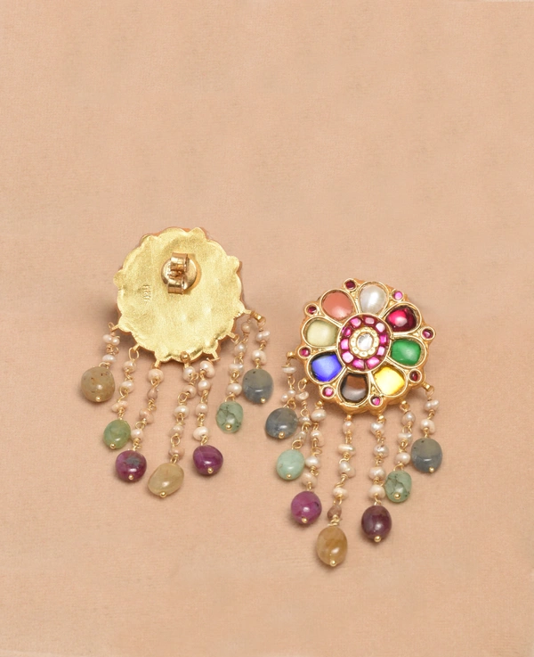 Gold plated 925 silver Navratan Kundan earrings