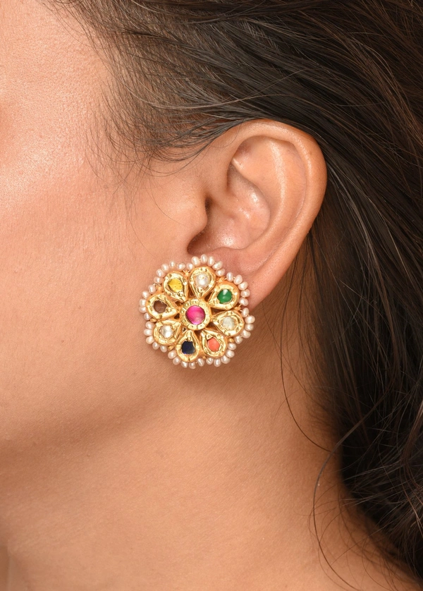 Gold plated 925 silver Navratan Thappa kundan earrings