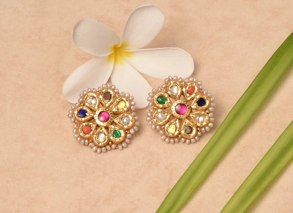 Gold plated 925 silver Navratan Thappa kundan earrings