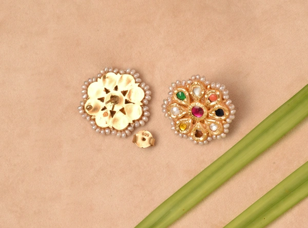 Gold plated 925 silver Navratan Thappa kundan earrings