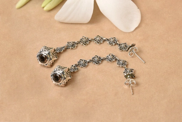 Smoky Topaz jali work 925 silver earrings