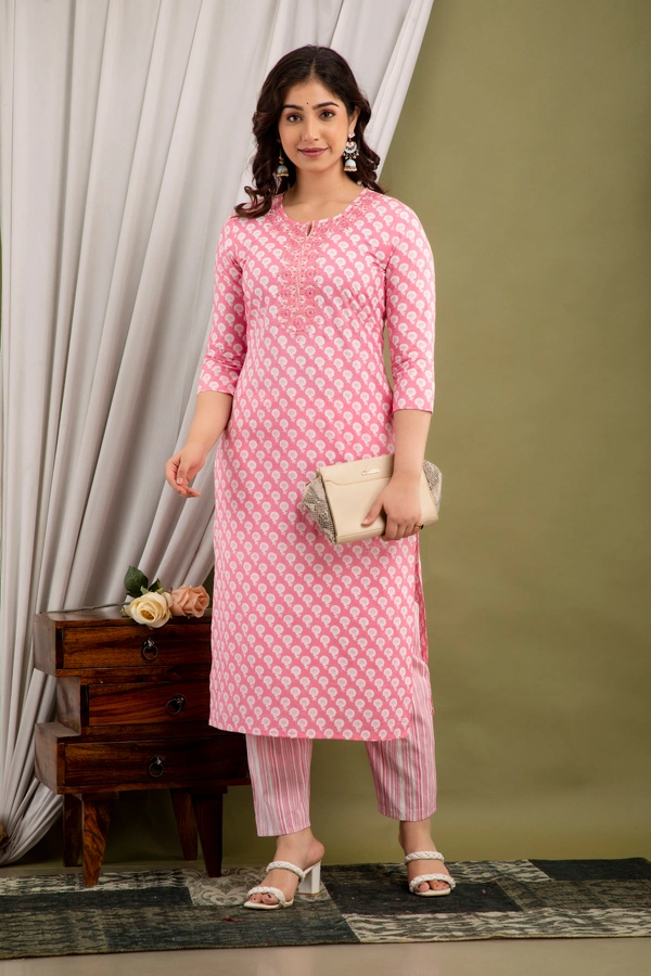 FASHION DEPTH Embroidered & Printed Cotton Kurta & pant Set For Women - Pink, L