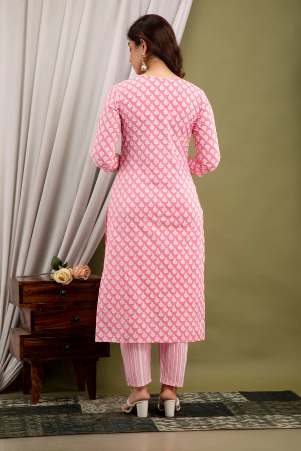 FASHION DEPTH Embroidered & Printed Cotton Kurta & pant Set For Women - Pink, L