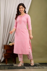 FASHION DEPTH Embroidered & Printed Cotton Kurta & pant Set For Women - Pink, L