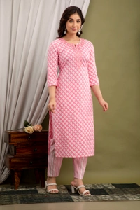 FASHION DEPTH Embroidered & Printed Cotton Kurta & pant Set For Women - Pink, L