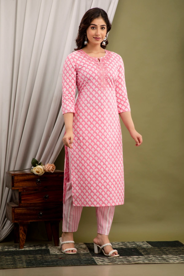 FASHION DEPTH Embroidered & Printed Cotton Kurta & pant Set For Women - Pink, L