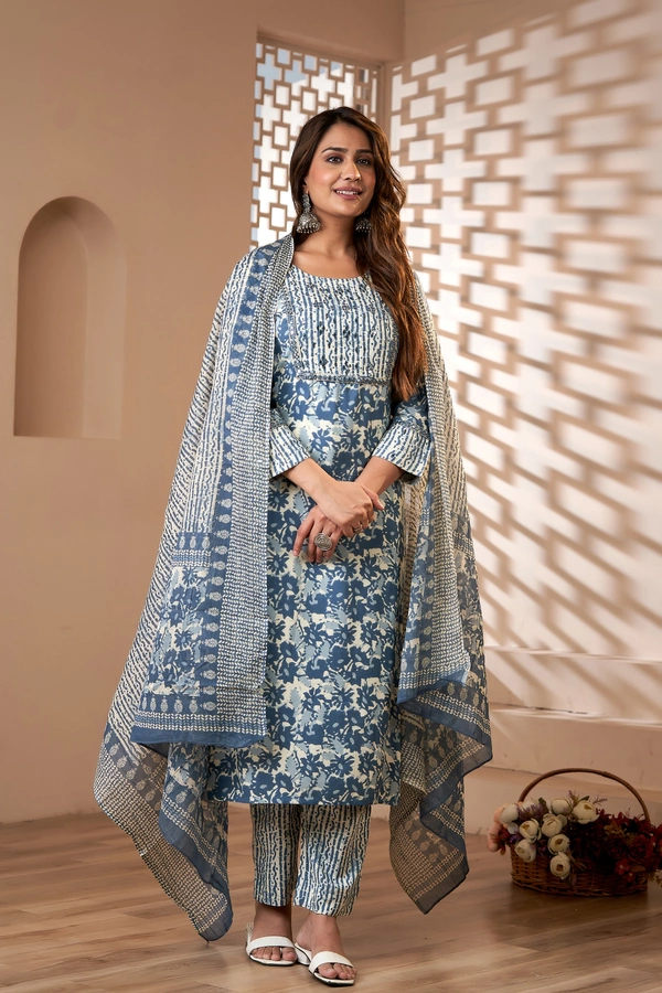 FASHION DEPTH Embroidered & Printed Rayon Kurta, Pant & Dupatta Set For Women - Blue, 3XL