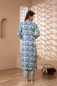 FASHION DEPTH Embroidered & Printed Rayon Kurta, Pant & Dupatta Set For Women - Blue, 3XL