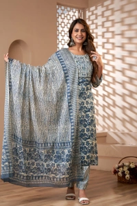 FASHION DEPTH Embroidered & Printed Rayon Kurta, Pant & Dupatta Set For Women - Blue, 3XL