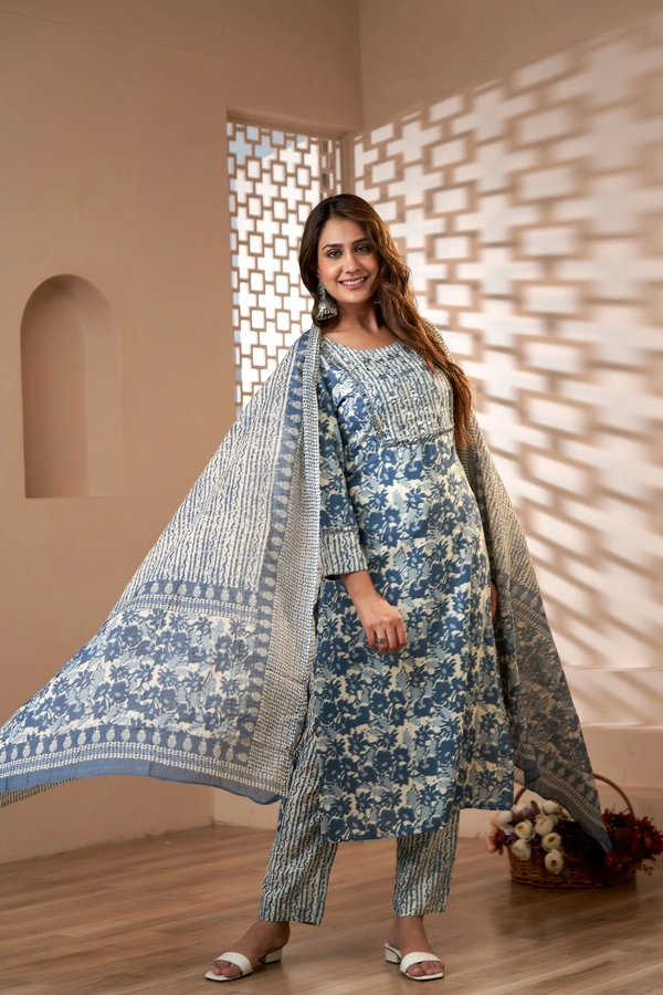 FASHION DEPTH Embroidered & Printed Rayon Kurta, Pant & Dupatta Set For Women - Blue, 3XL