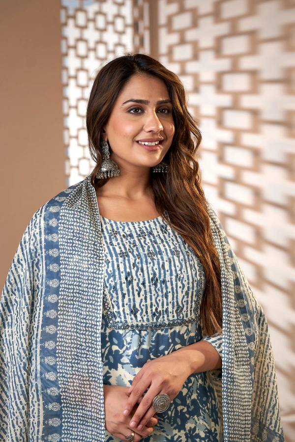 FASHION DEPTH Embroidered & Printed Rayon Kurta, Pant & Dupatta Set For Women - Blue, 3XL