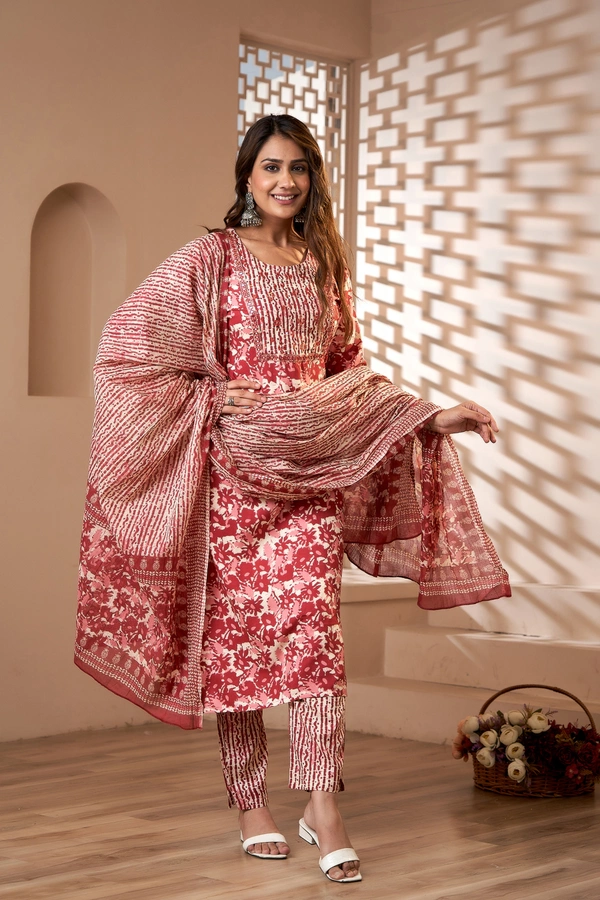 FASHION DEPTH Embroidered & Printed Rayon Kurta, Pant & Dupatta Set For Women - Copper, S