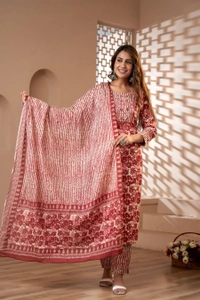 FASHION DEPTH Embroidered & Printed Rayon Kurta, Pant & Dupatta Set For Women - Copper, S