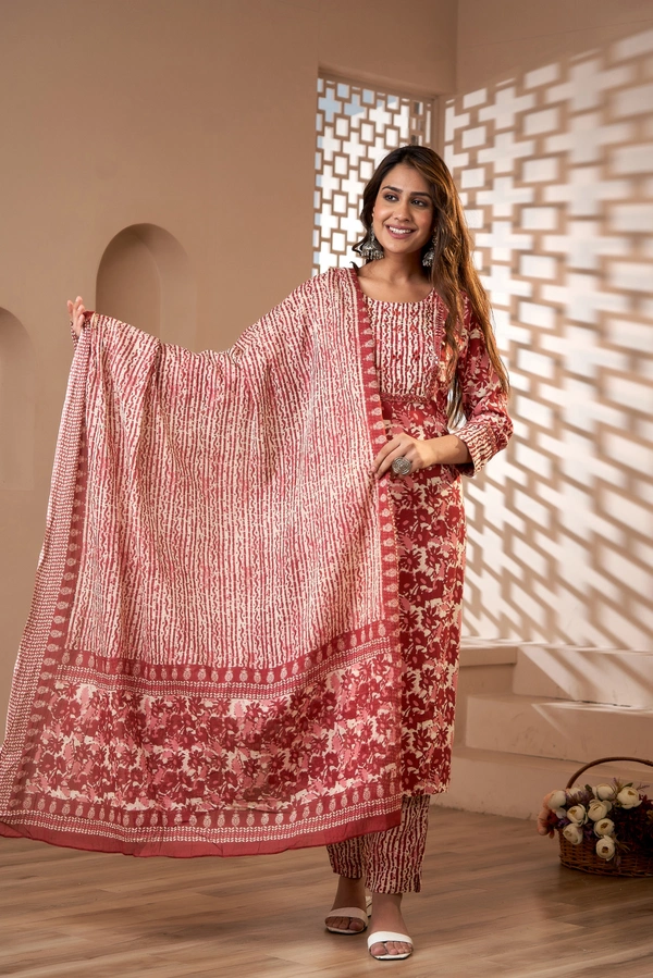 FASHION DEPTH Embroidered & Printed Rayon Kurta, Pant & Dupatta Set For Women - Copper, S