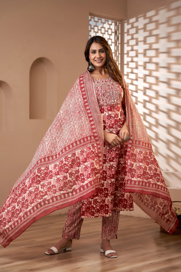 FASHION DEPTH Embroidered & Printed Rayon Kurta, Pant & Dupatta Set For Women - Copper, S