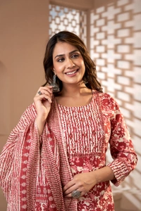 FASHION DEPTH Embroidered & Printed Rayon Kurta, Pant & Dupatta Set For Women - Copper, S