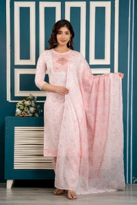 FASHION DEPTH Embroidered & Printed Rayon Kurta, Pant & Dupatta Set For Women - Pink, 3XL