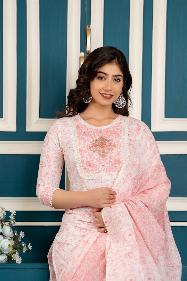 FASHION DEPTH Embroidered & Printed Rayon Kurta, Pant & Dupatta Set For Women - Pink, 3XL