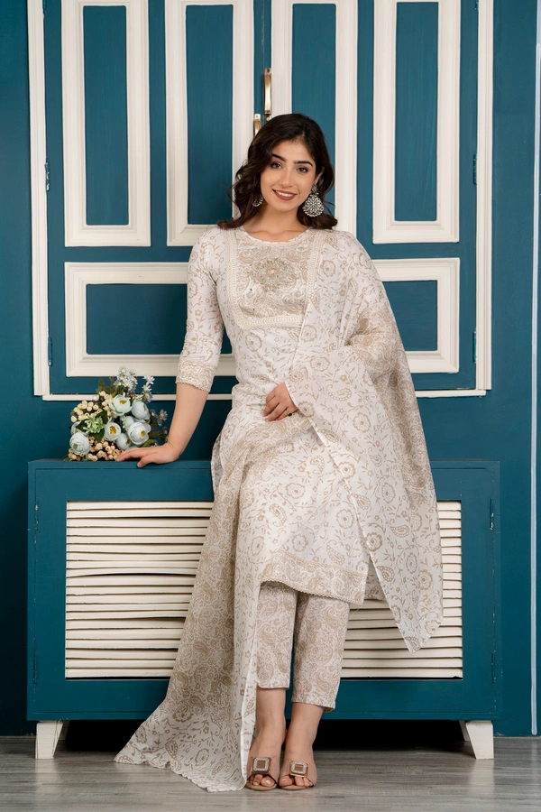 FASHION DEPTH Embroidered & Printed Rayon Kurta, Pant & Dupatta Set For Women - Cream, XXL