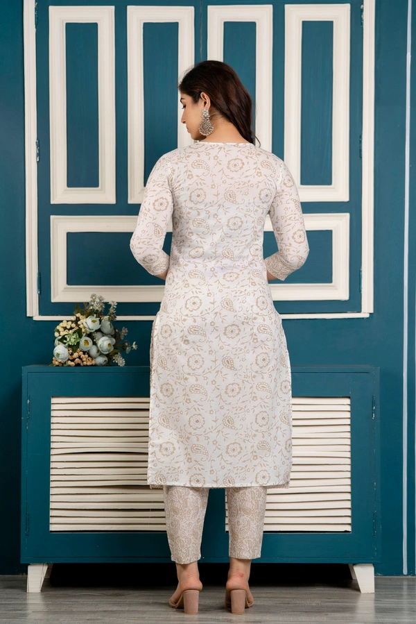 FASHION DEPTH Embroidered & Printed Rayon Kurta, Pant & Dupatta Set For Women - Cream, XXL