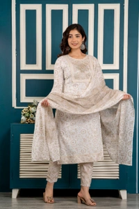 FASHION DEPTH Embroidered & Printed Rayon Kurta, Pant & Dupatta Set For Women - Cream, XXL