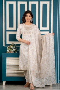 FASHION DEPTH Embroidered & Printed Rayon Kurta, Pant & Dupatta Set For Women - Cream, XXL