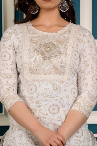 FASHION DEPTH Embroidered & Printed Rayon Kurta, Pant & Dupatta Set For Women - Cream, XXL