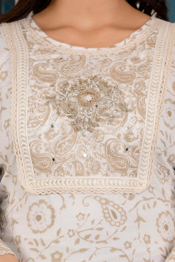 FASHION DEPTH Embroidered & Printed Rayon Kurta, Pant & Dupatta Set For Women - Cream, XXL