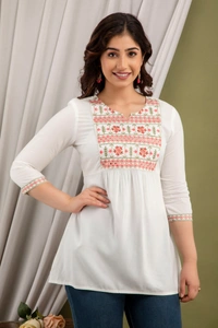 FASHION DEPTH Embroidered Rayon Top For Women - White, M