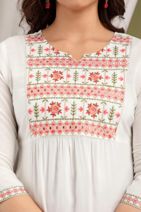 FASHION DEPTH Embroidered Rayon Top For Women - White, M