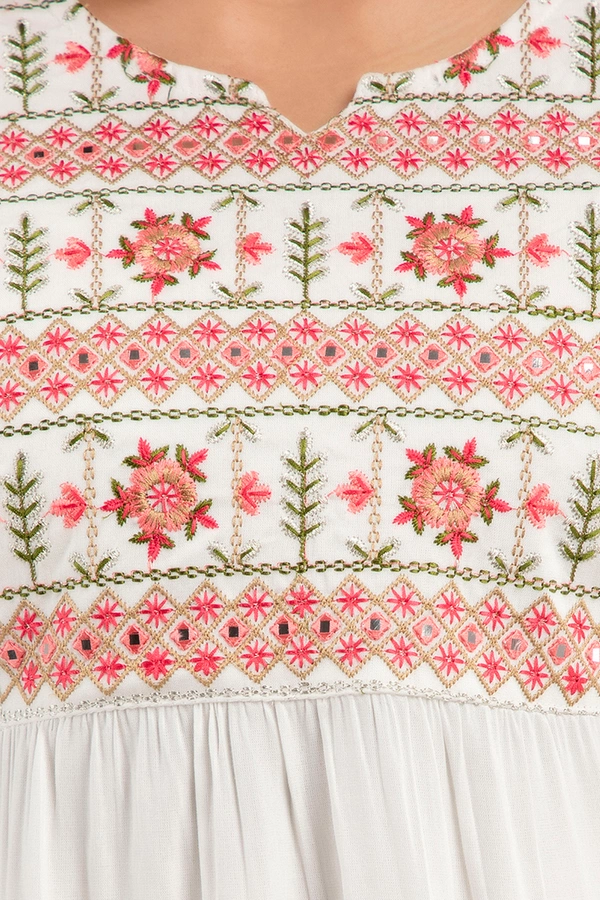 FASHION DEPTH Embroidered Rayon Top For Women - White, M