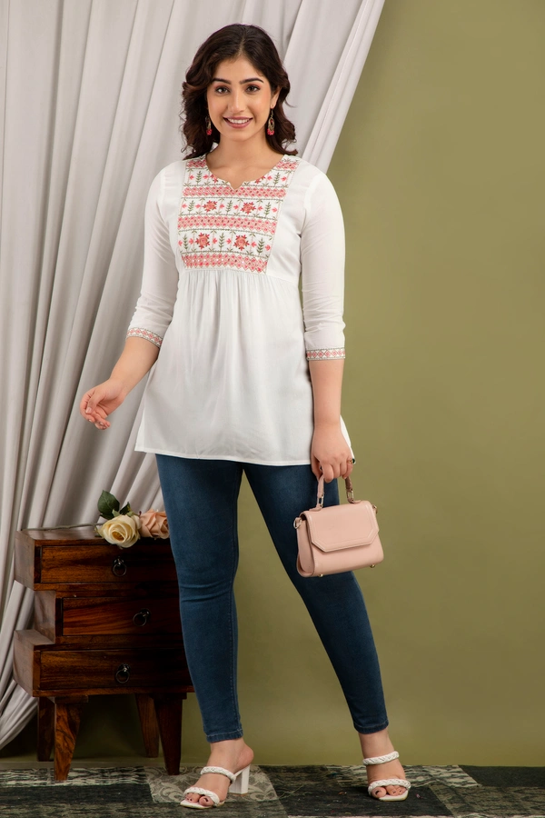 FASHION DEPTH Embroidered Rayon Top For Women - White, M