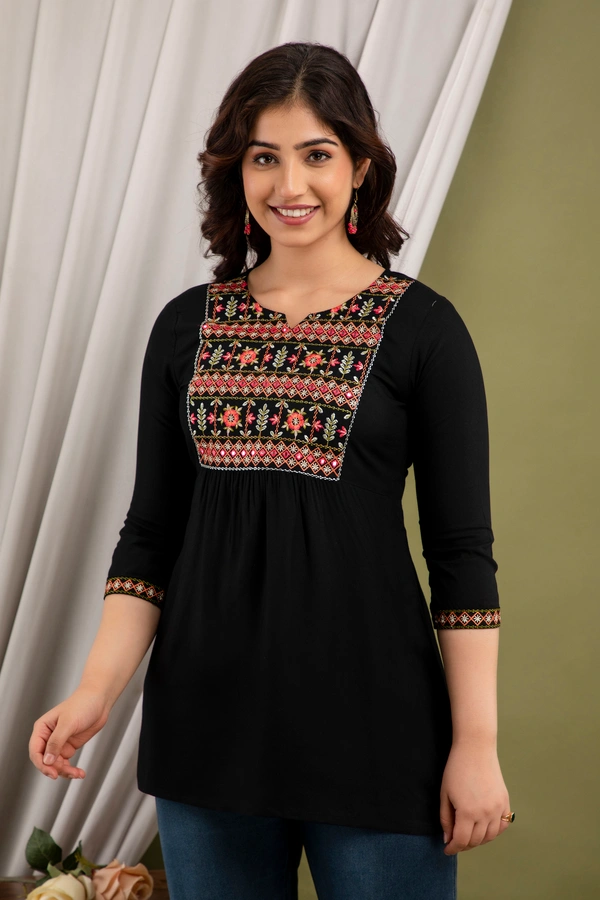 FASHION DEPTH Embroidered Rayon Top For Women - Black, L