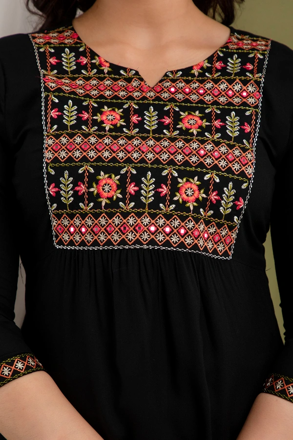 FASHION DEPTH Embroidered Rayon Top For Women - Black, L