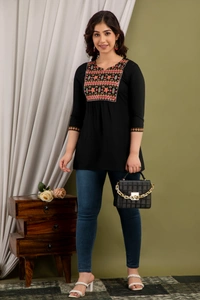 FASHION DEPTH Embroidered Rayon Top For Women - Black, L