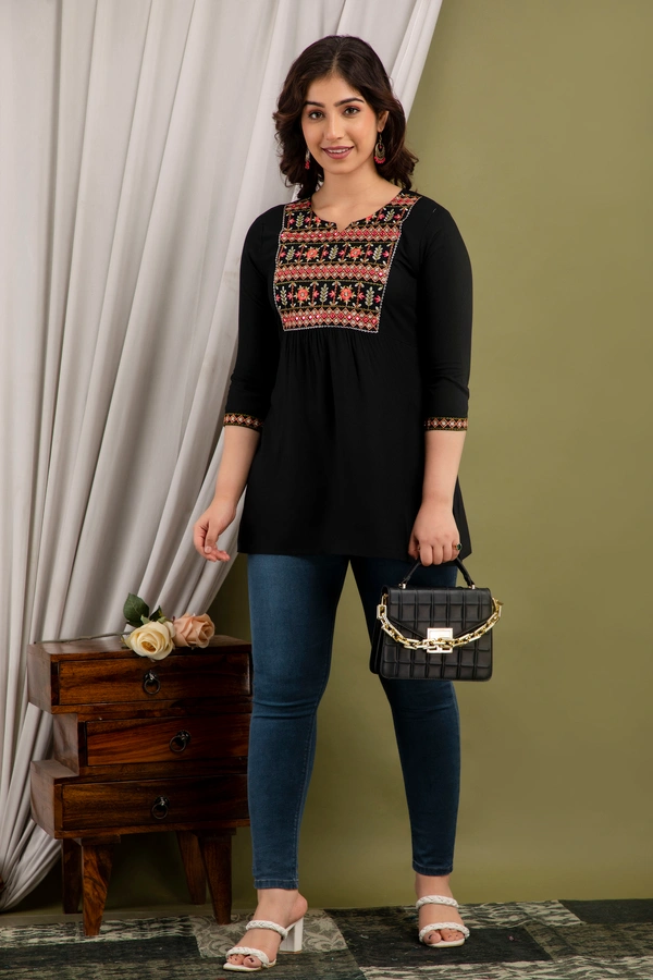 FASHION DEPTH Embroidered Rayon Top For Women - Black, L