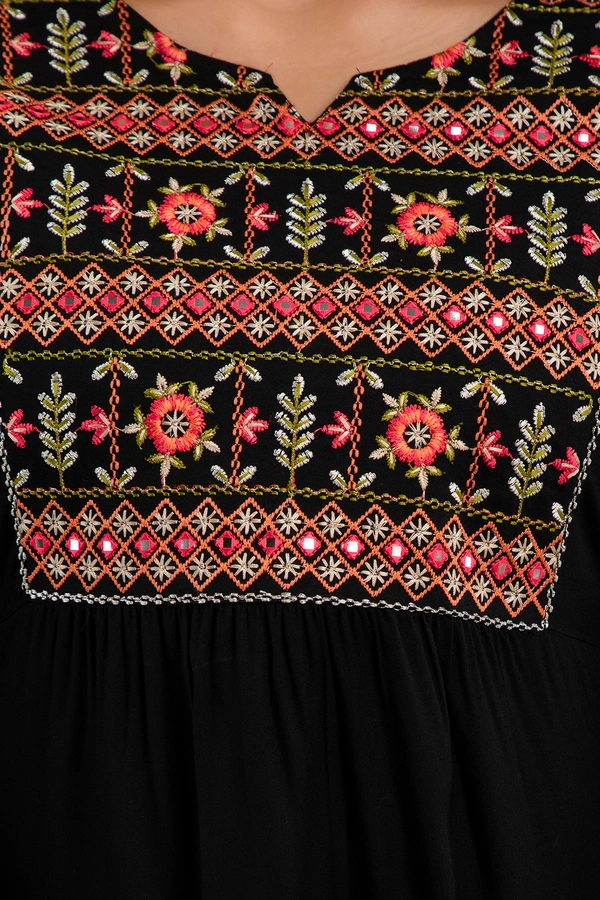 FASHION DEPTH Embroidered Rayon Top For Women - Black, L